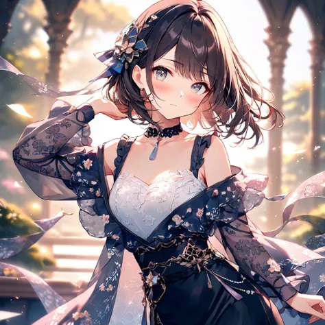 (best quality, masterpiece), 1girl, intricate details, off shoulder, skirt, choker, frills, see-through, looking at viewer, blush, upper body, blurry background, floral print, contrapposto