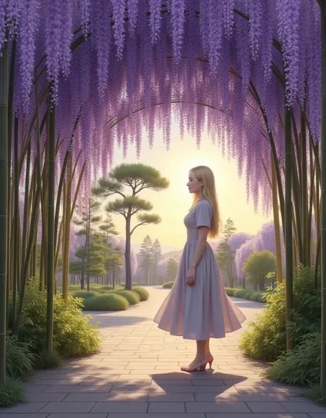 A serene and dreamy Japanese-inspired garden featuring a wisteria-covered arbor creating a tunnel of cascading purple flowers. Tall bamboo stalks line both sides of the path, adding vertical lines and depth to the scene. In the background, a few pine trees...