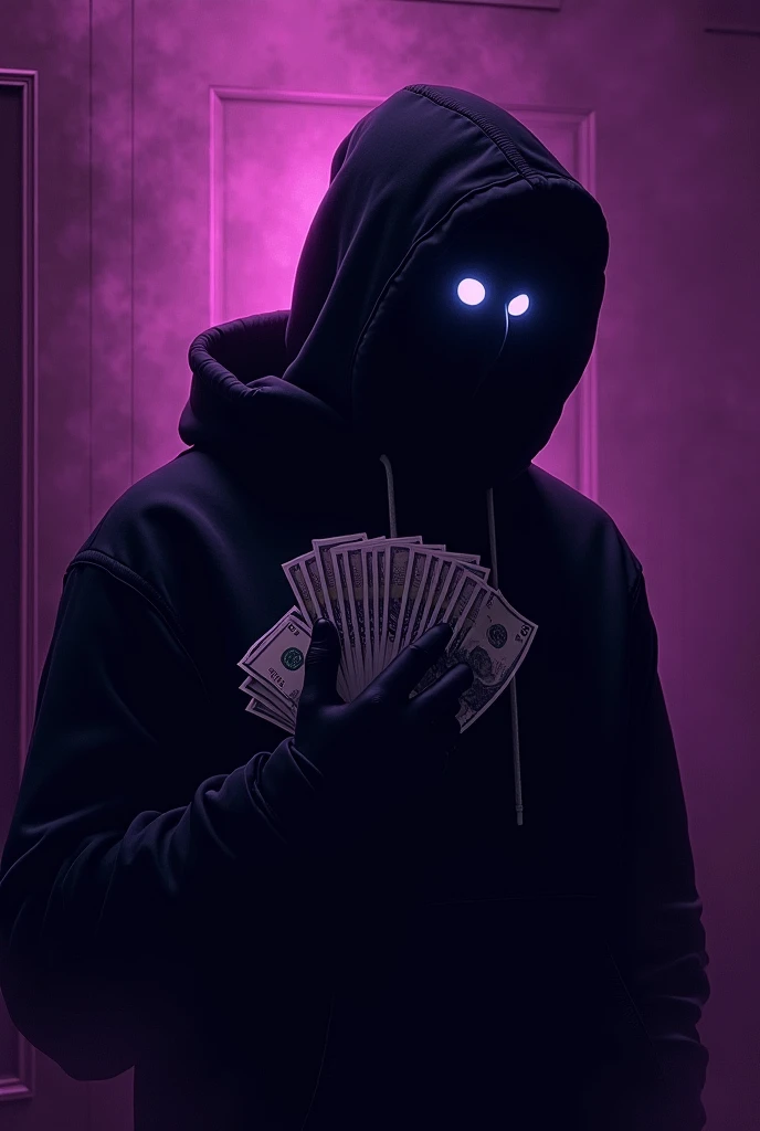 Imagem estilo de Digital Art com um tom (purple),  with a high level of detail in a drawing style
lively,  Soft lighting ,  with a movie scene composition ,
Digital Art, ( A mysterious man in a luxurious room ,  he is holding several cash notes , He has hi...