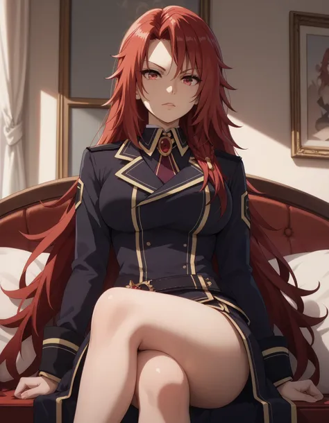iris midgar, iris midgar (the eminence in shadow), the eminence in shadow, red hair, long hair, red eyes, black uniform, military uniform, large breasts, 1girl, solo,sitting,crossed legs
