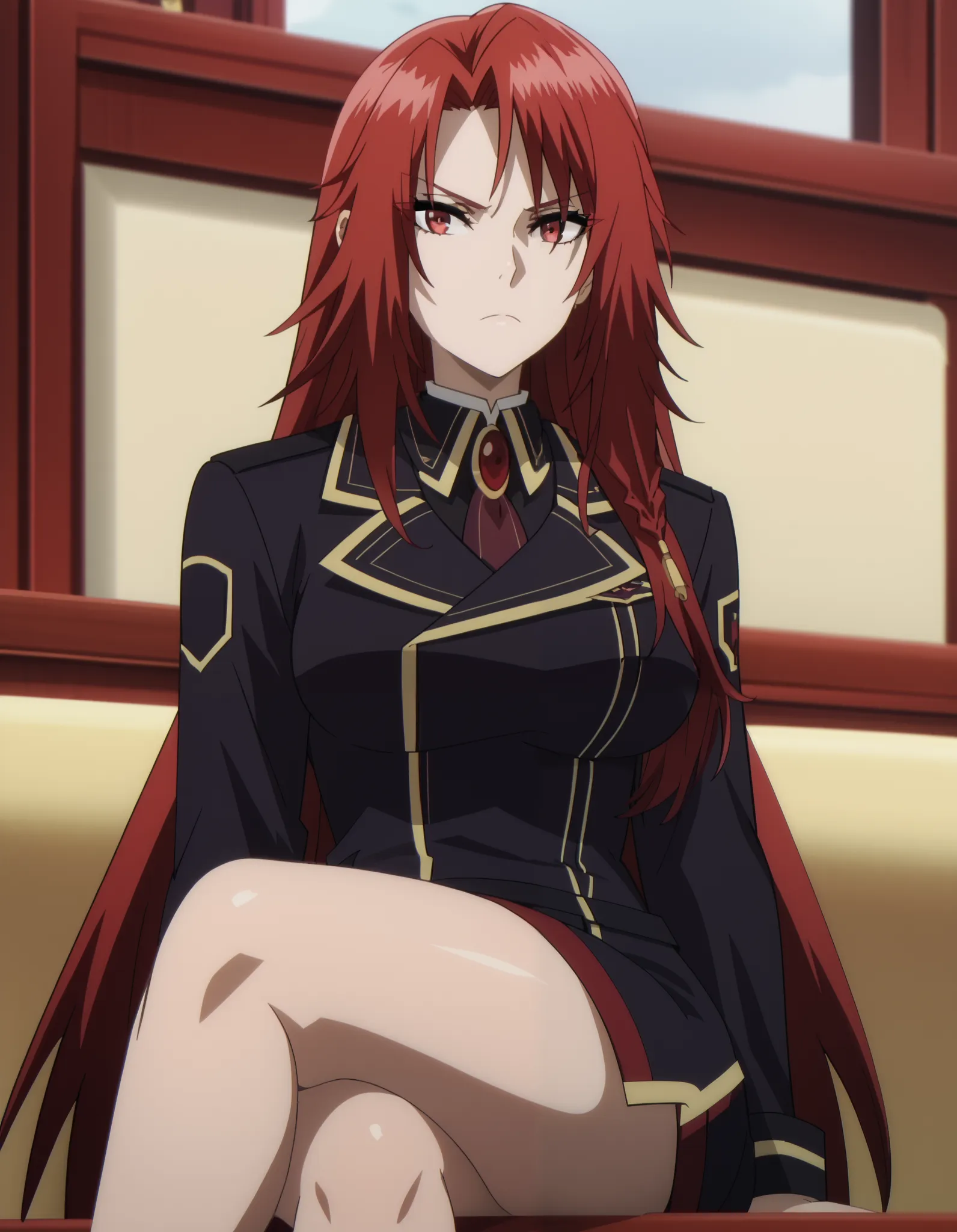 anime screencap,iris midgar, iris midgar (the eminence in shadow), the eminence in shadow, red hair, long hair, red eyes, black uniform, military uniform, large breasts, 1girl, solo,sitting,crossed legs
