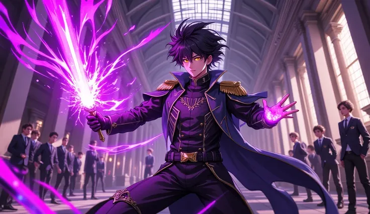 Anime-style digital art of a young man with messy black hair and a glowing yellow eye, wearing a dark military-style uniform with gold accents and epaulettes. He's wielding a mystical purple energy sword emanating dark violet magical aura and flames. The c...