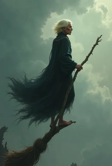 elderly witch with very short blond hair, Barefoot on a broom flying from behind 