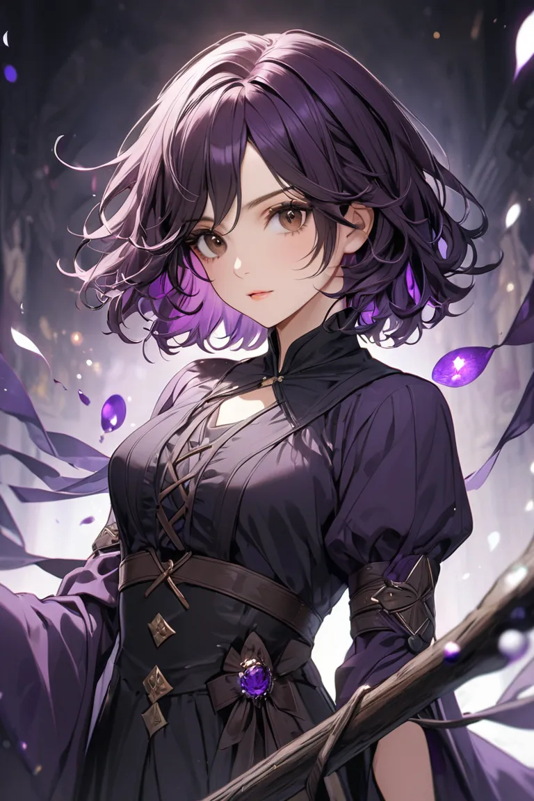 Women with short wavy hair, dark purple hair with black streaks on hair, dark brown eyes, witch,beautiful women. 