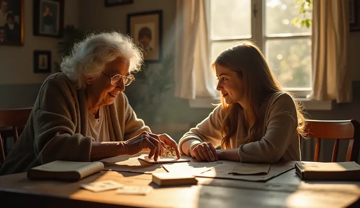 A cinematic, emotionally evocative scene in soft natural light: an elderly woman and her granddaughter sitting together at a wooden table covered with old family photographs, handwritten letters, and heirloom objects like a vintage watch and a faded journa...