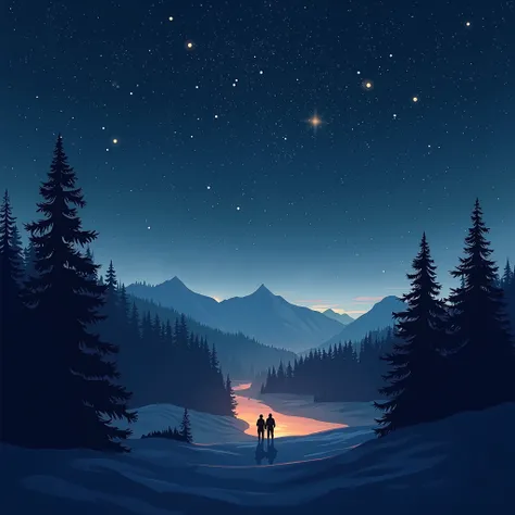  silhouette illustration, masterpiece,   high resolution, Winter natural landscape ,  A Beautiful Night Sky , Wide sky, Stars in the night sky々,  Soft light,   high detail,  detailed , 