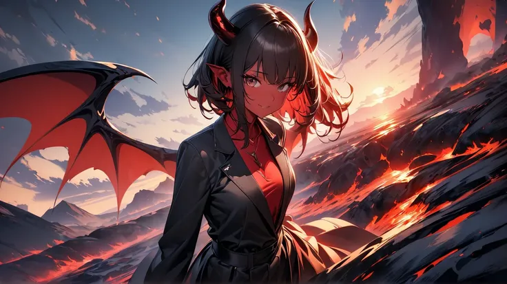 (high quality, 8k, 4K, High Detail, High Contrast, masterpiece:1.2, 最high quality, Best aesthetics), ((1 female)), Devil in the Lava, Red skin, Lava Body, Devil horns, Devil&#39;s Wings, Low-set wings, Encased in lava, Devil&#39;s Roar, Impressive fantasy ...