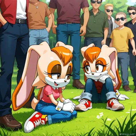 Vanilla The Rabbit, two groups of women sitting on the ground next to each other with someone else to the side, jeans, denim, multiple girls, pants, grass, multiple boys, sunglasses, underwear