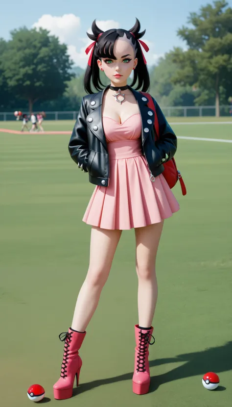 18 years old, big breasts, Marnie_(Pokemon), throwing a pokeball, pokeball in her hand, outdoor grass backround, emerald-green eyes, dark-black hair, and very pale skin, slim, hairstyle with a partially shaved side, tufts of hair that resemble horns, and m...