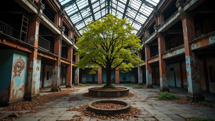 a tree in a inner courtyard of an old ruined factory with a glass roof