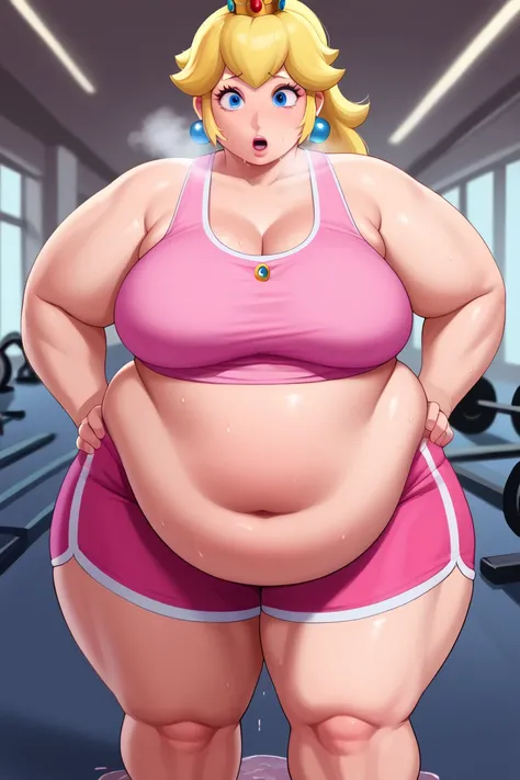 score_9, score_8_up, score_7_up, BREAK, 1girl, solo, princess peach, 1girl, solo, , blonde hair, ponytail, jewelry, makeup, casual, cowboy shot, blue eyes, looking at the viewer, large breasts, hands on hips, pink tanktop, sweaty, pink shorts, sweating pro...