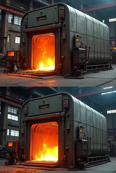 metal melting furnace 100 for 100 real, front view and other photo of same furnace with an open door