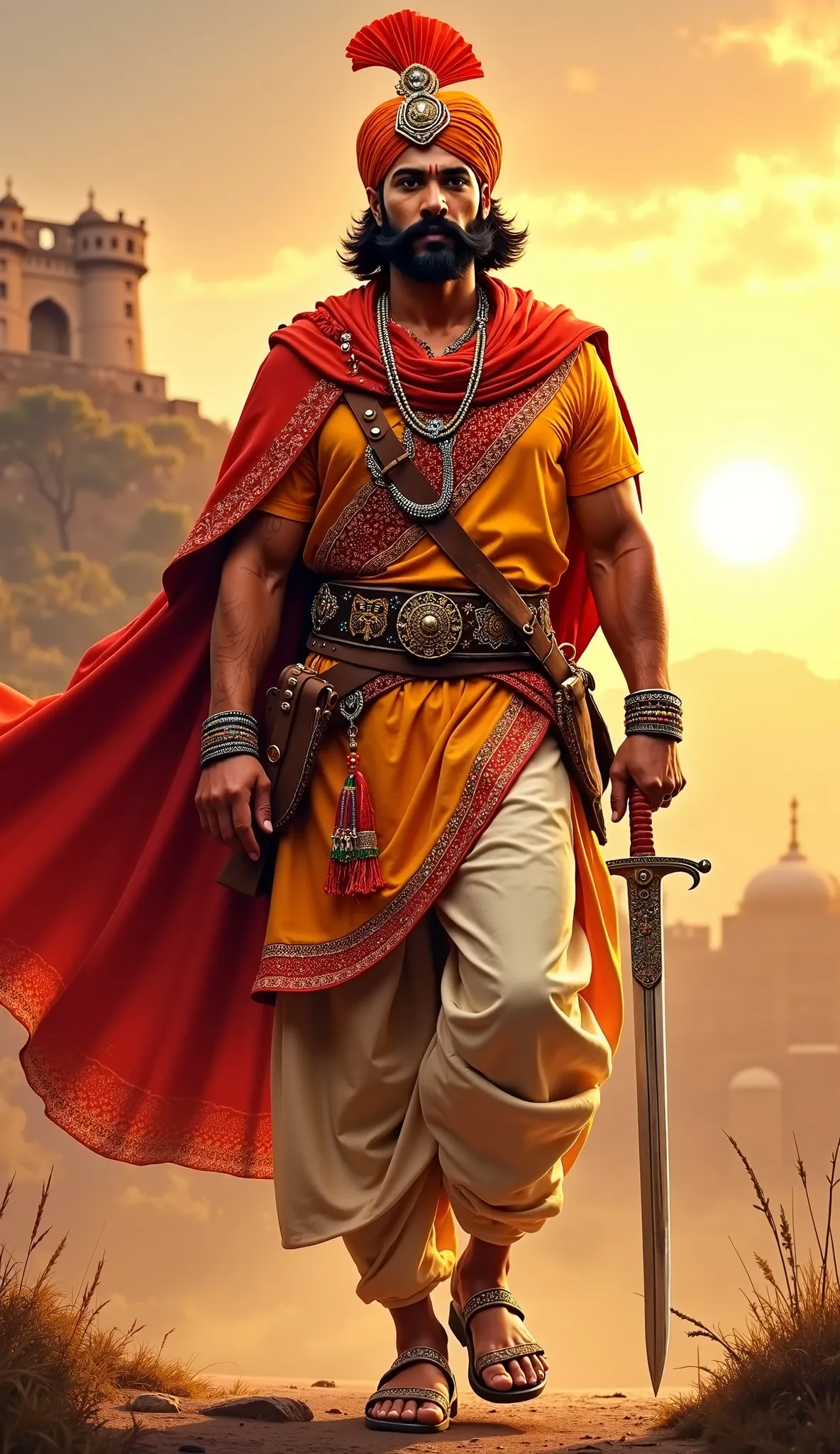 "A majestic depiction of Chhatrapati Shivaji Maharaj walking forward with confidence. Mascular figure,He wears traditional Maratha warrior attire, including a saffron turban with a bejeweled crest, a finely embroidered tunic, and a warrior's belt. His hand...