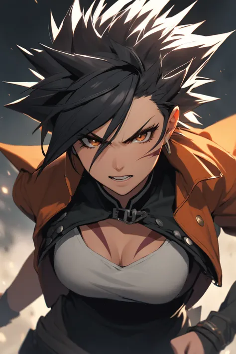  a fierce-looking woman with short, spiky hair and a wicked scar running down her left cheek