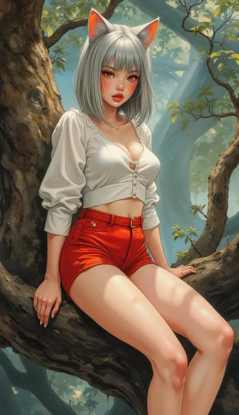 the detailed proportions and textures brushed multicolored and softened with airbrush, a semi-realistic Chinese ink illustrationofAn exotic and attractive ager (full body and shy pose, perfect face, innocent look (with eyes red-crimson shines), thick thigh...