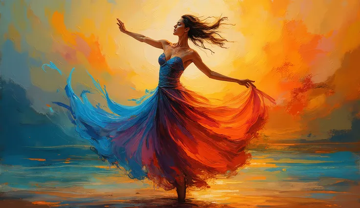 a vibrant abstract painting of a figure in motion, likely a dancer, adorned in a flowing dress that transitions from deep blue at the bottom to fiery orange and red at the top. The background is a blend of warm golden hues and darker tones, creating a dra...