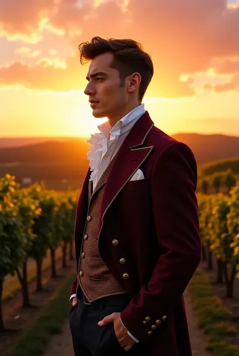 Adraste handsome french man dressing chic suit from 17.century, backround is wineyard sunset 