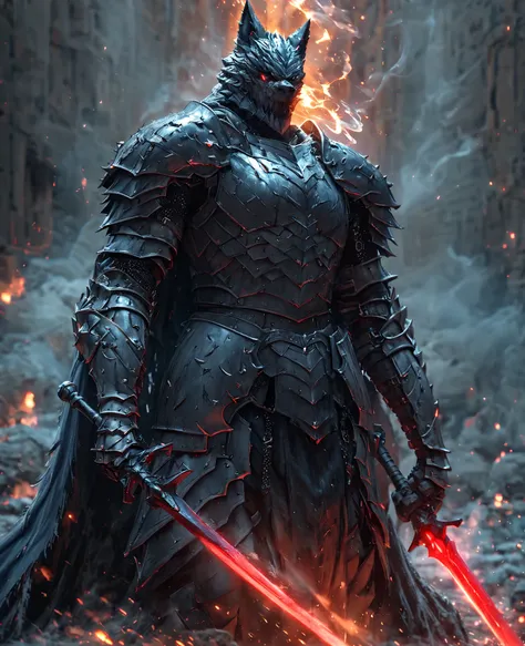 SHOWING ANCIENT WOLF ARMOR, ITS COLOR IS DARK LIKE A DENSE NIGHT, HELMET IS SHAPED LIKE A METALLIC WOLF , YOUR EYES GLOW IN NEON , ONE EYE IS BLUE AND THE OTHER RED , EXTREMELY LARGE AND STRONG ARMOR , Intimidating Aura , YOUR COLOR IS EXTREMELY BLACK...