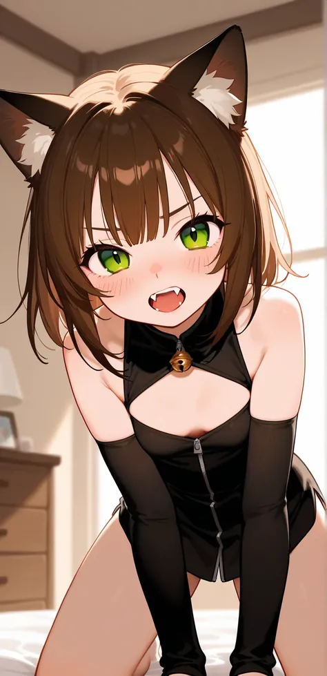 1 girl, solo, medium hair, brown hair, cat girl, blush, tale, pow pose, looking at viewer , fangs, slit puppies, room, 