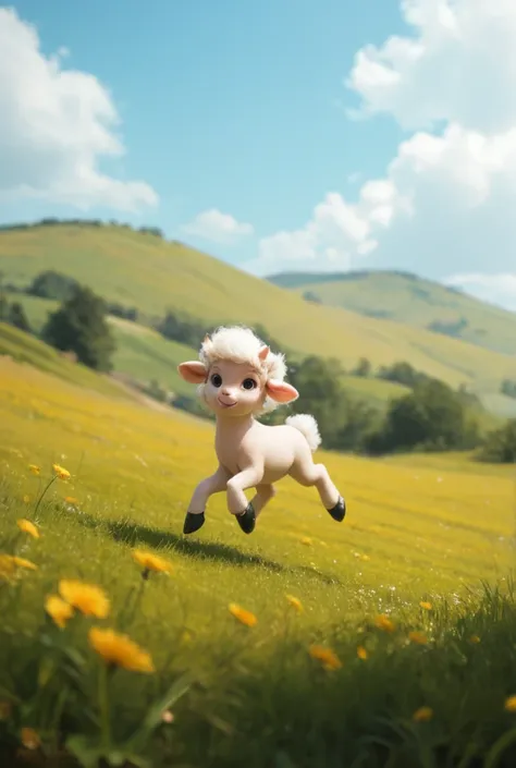 A little sheep jumping on a meadow