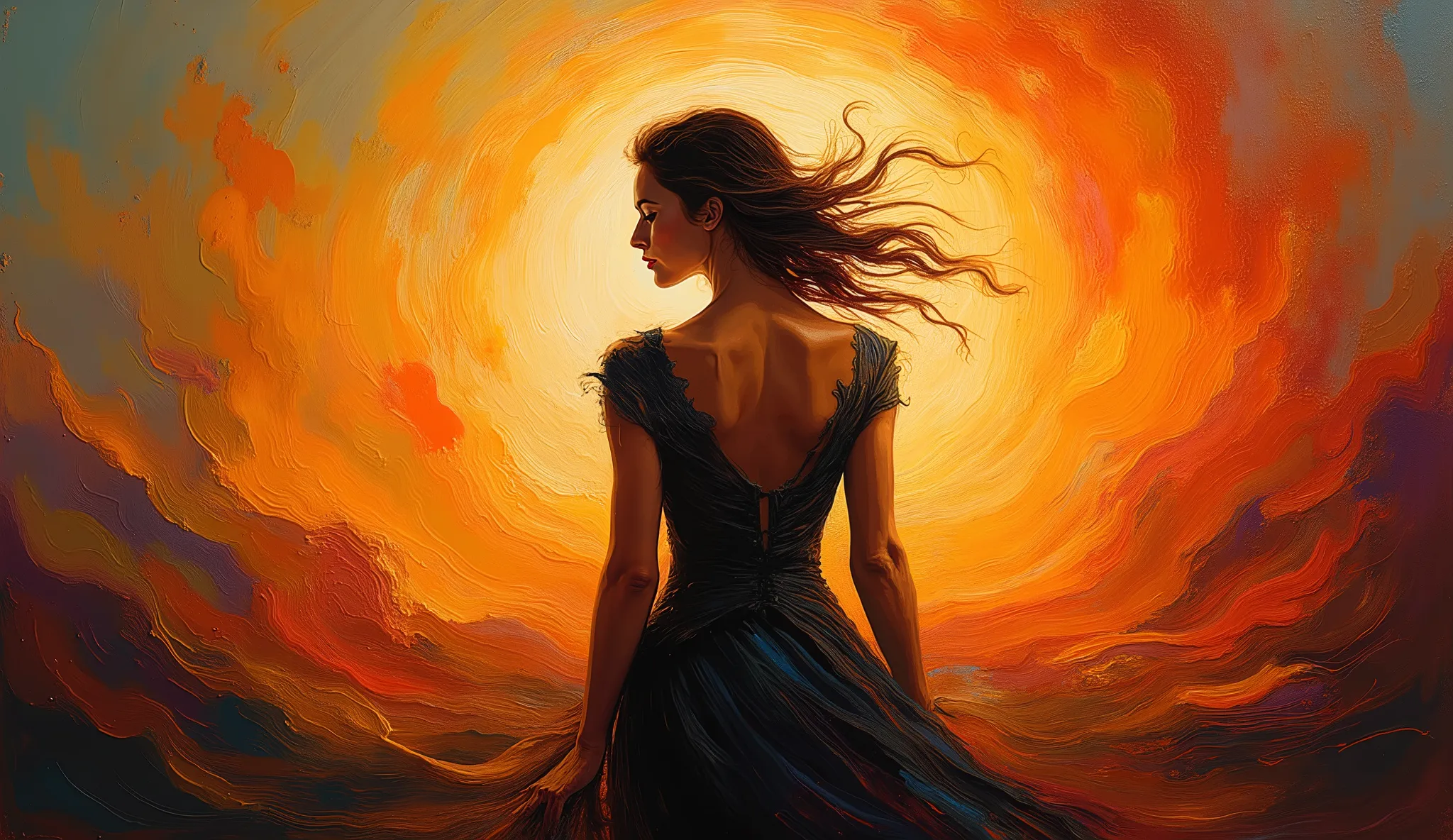 a striking painting that features a silhouette of a woman with flowing hair, set against a vibrant background of swirling colors. The central swirl radiates warm hues of golds, oranges, and reds, resembling flames or an intense fire, creating a dynamic sen...