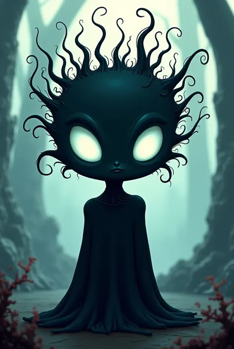 Create a creature with white eyes, floating black hair with a frightening appearance with black skin, cartoon style.