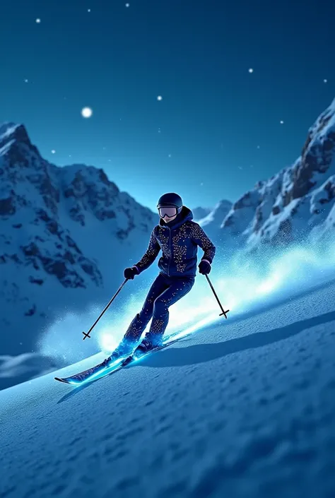 One who is skiing in the snow at night with LEDs and lights