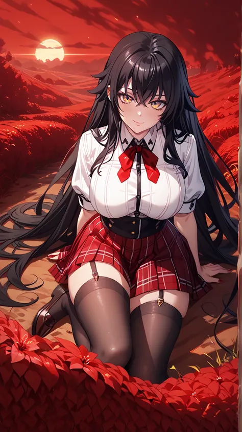   Sexy rias gremory, UHD, Wearing a very sexy school uniform, (black hair)), ((golden yellow eyes)),  Long hair , very large big breasts, very large hips, voluptuous, In a reddish wasteland, 