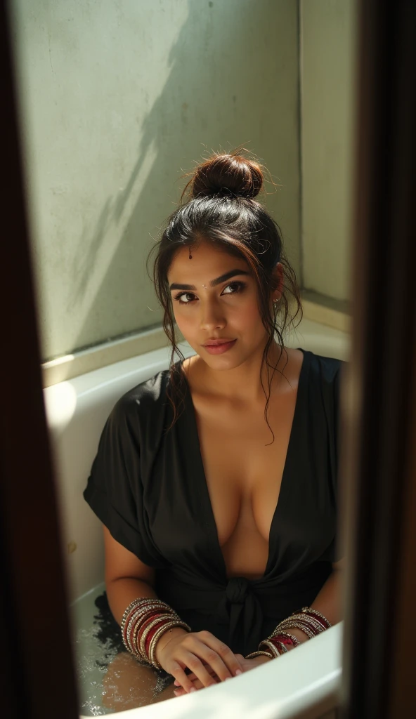 POV Sneak peak through bathroom door keyhole of a Indian beautiful woman sexy bhabhi,showing dark armpits,very deep cleavage,curvy voluptuous model wearing black silk robe tied up, plenty of red and white bangles in hand,bindi on fore head, lying on back l...