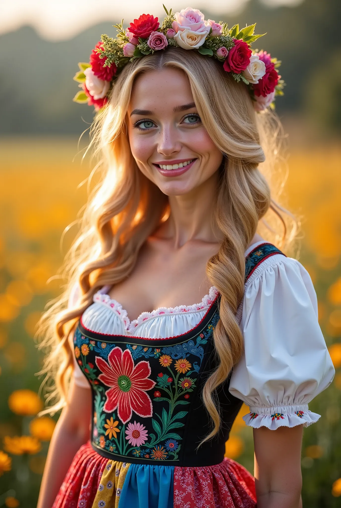 Ultra-detailed photorealistic portrait of a charming Polish woman in a vibrant folk dress, with a floral-embroidered corset and a full, colorful skirt. She wears a delicate flower crown over her long, golden blonde waves. Her bright blue eyes, fair skin, a...