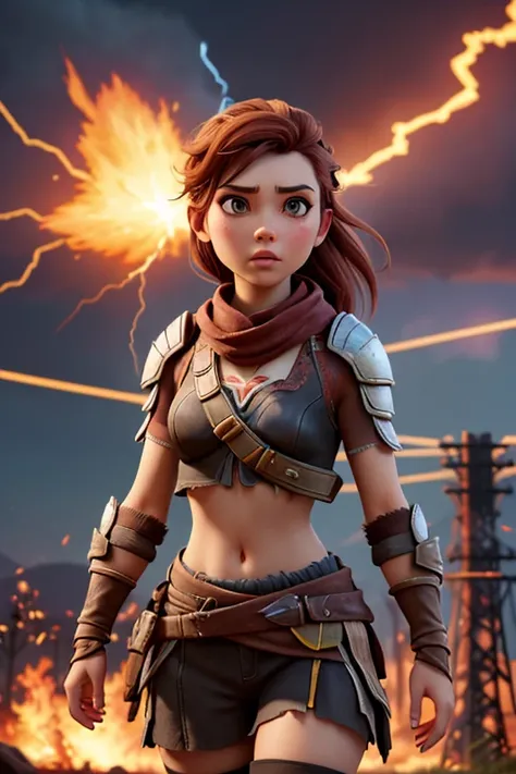 very feminine Aloy from Horizon Zero Dawn, her body trembles from electric shocks, seductive, very seductive face, her hair stands on end after an electric shock,  ; very torn ARMOR. electric current flashes all around, an exploding power generator and bur...