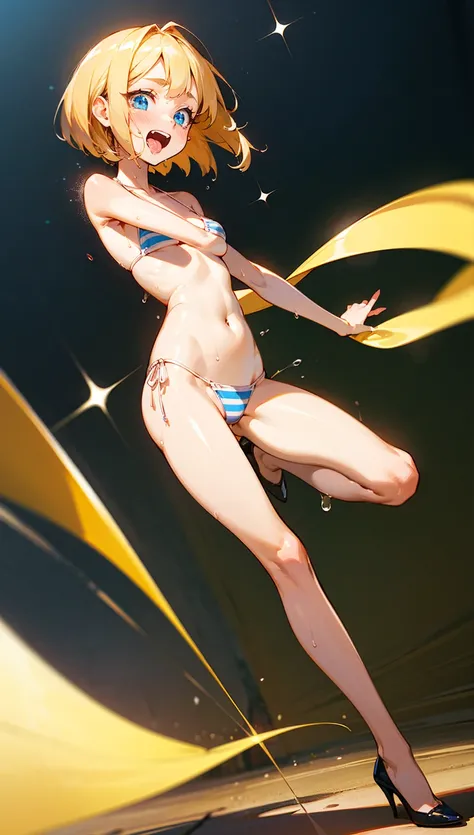 （  Eyes sparkling）,saliva、    Open Your Mouth (    masterpiece  :1.3),     Dynamic Poses で立っている  （ blonde bob hair ）    delicate depiction ,The feel of wet skin    、   glitter micro bikini  、 High Heels、Drops of sweat、髪の非常に  delicate depiction  、  full-bod...