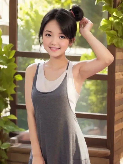 One girl, black hair, ponytail, BREAK, (tank top, cute dress:1.4), BREAK, ((flat chest, tt_flat)), armpit, baby face, standing, smiling, outside, 