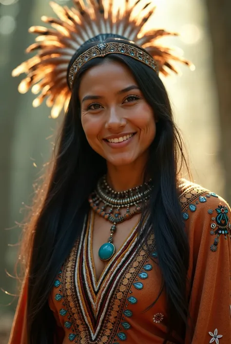 Ultra-realistic portrait of a proud Indigenous Canadian woman wearing a traditional beaded dress with intricate patterns inspired by nature. She wears a feathered headdress and a turquoise necklace. Her high cheekbones, almond-shaped dark eyes, and warm br...