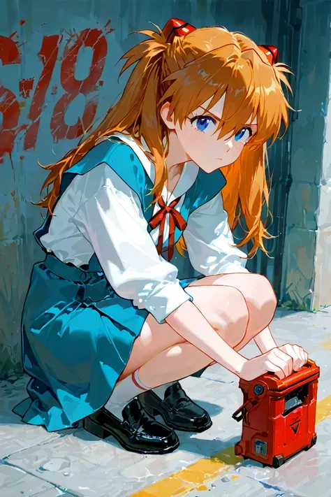 score_9, score_8_up, score_7_up, UHD, 1girl, solo, Masterpiece, UHD, Soryu Asuka Langley, full body, action painting, uniform, yubu, Neon Genesis Evangelion