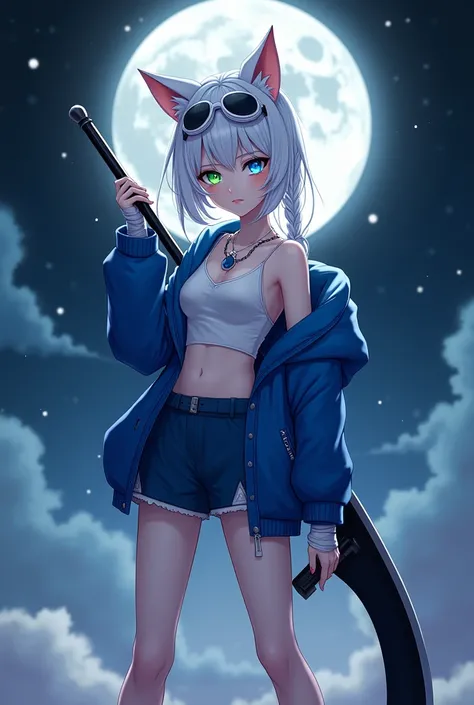 ( Day),( top quality), Woman 1 ,  white skin , left green eye ,  right sapphire eyes ,  white side tail hair ,  cat ears(White), Blue jacket, Tank top(White),  short blue skirt ,  silver necklace ,  white rimmed sunglasses on the head, shoes(White과 검정이 섞인 ...