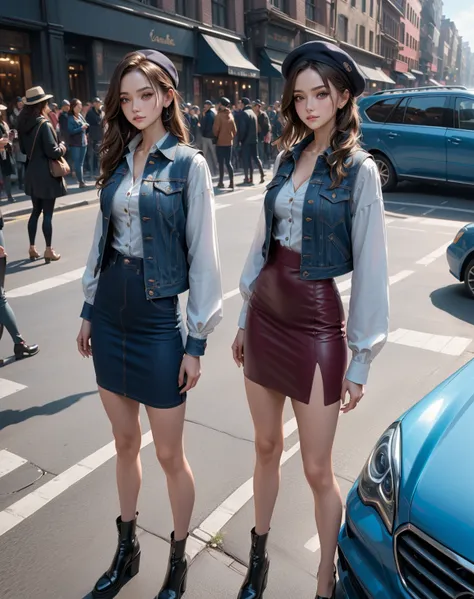 2 beauty women,  standing posed, leaning against blue car, crowd, (+forehead, dark-brown hair, hats), ((denim waistcoat, long sleeves jacket), (dress),  (denim pencil skirts)), BREAK, (full body), (best quality,4k,8k,highres,masterpiece:1.2),ultra-detailed...