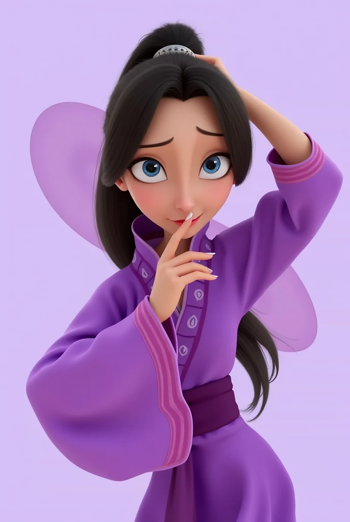 Nzyfr,A cartoon， This picture shows a woman with long hair tied in a ponytail. She wore a purple dress ，  with a purple scarf around her neck  .  Her hair has been pulled back to the bun  . Her eyes are blue，The eyebrows are black.  Her hand is hanging in ...