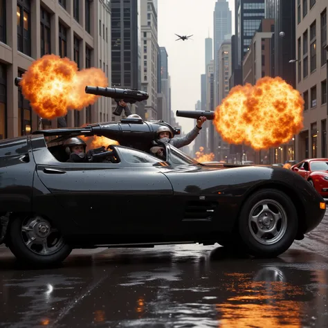 (best quality,4k,8k,highres,masterpiece:1.2), ultra-detailed.  <Lora:hk-m223c The image shows a glossy black hover car with a hk- m223a barrel being held out the window with orange explosive fire coming out of it and a red car across from it being riddled ...