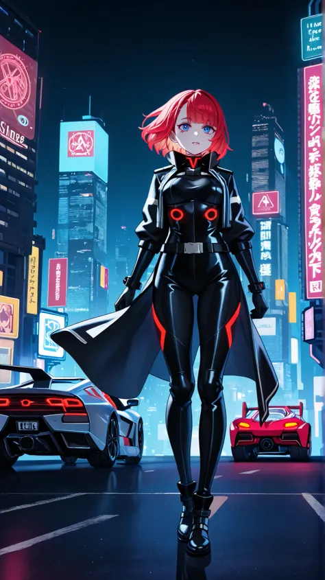 "Solo, gothic cyberpunk girl standing on a hill at night, holding a sleek black helmet in her hand while gazing at the neon-drenched megacity below. She wears a full-body black leather outfit with cybernetic details, hugging her athletic figure. Her short,...