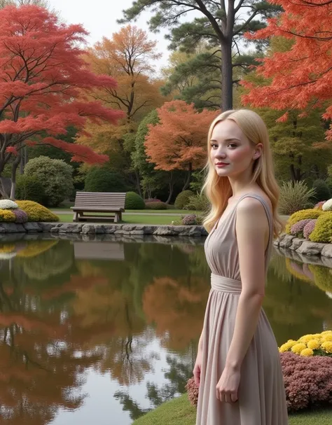 A candid and elegant photograph of a beautiful blonde woman with soft facial features and styled loose waves. She is wearing an elegant dress that blends seamlessly with the autumnal palette of the scene. The setting is a picturesque Japanese garden center...