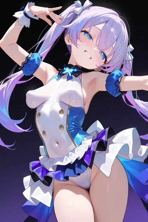 (Best quality, 4k, 8k, high resolution, masterpiece:1.2),1loli girl,delightful,grin、head tilt,(),(idol clothes),beautiful,cowboy shot, (singing+dancing),(),Large open legs,,(glowing purple hair:.1.5),deep blue hair,long hair,slim body、twintails、tareme,blue...