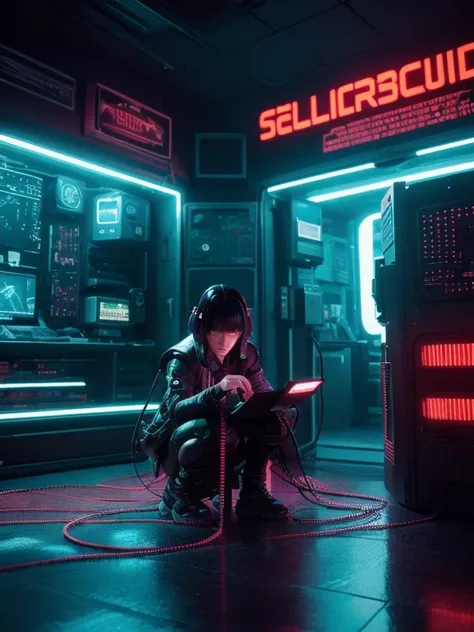 In the neon-lit underworld of a sprawling cyberpunk city, a lone hacker sits hunched over an interface, her fingers flying across the glowing holo-keyboard as she infiltrates a highly secure network. Her face is partially obscured by the glowing blue visor...