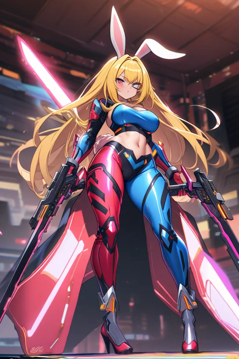 A bunny girl with long red and yellow hair and red and blue eyes and a cyber crop top and cyber pants and cyber boots and overlord boots and sword on back and dual guns in hands  and bunny ears and bunny tail and a scar on left eye curvy and thicc