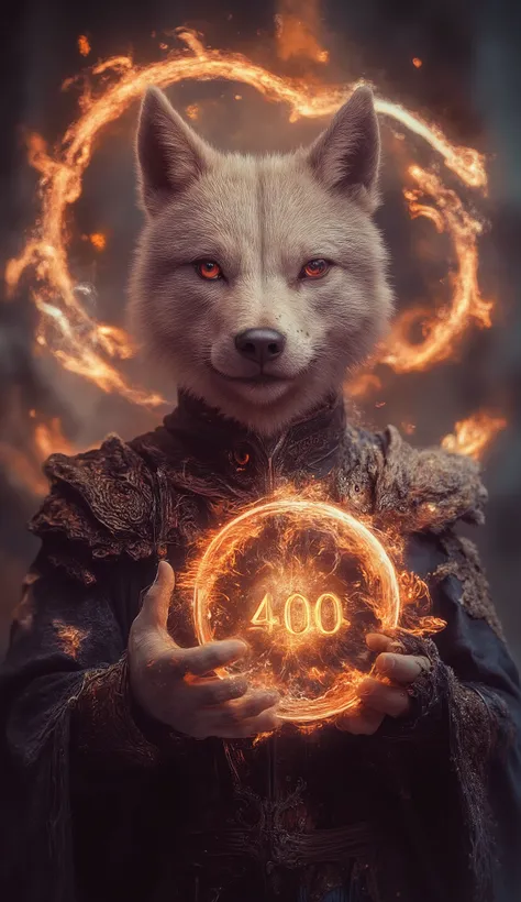 (best quality, 128k,highres,masterpiece:1.2),ultra-detailed,(realistic,photorealistic,photo-realistic:1.37), ((masterpiece)) ((photography)) ((Highest quality)) A majestic anthropomorphic white wolf warrior with glowing red eyes and a deep battle scar over...