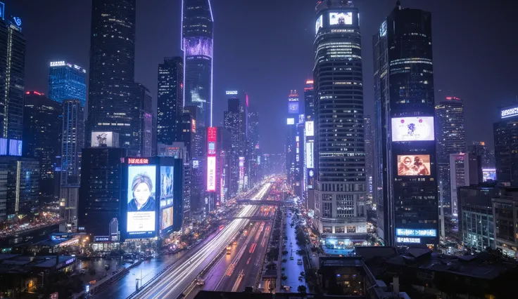 Description: A sprawling futuristic cityscape with towering skyscrapers illuminated by vibrant neon lights (blue, purple, pink). Wet streets reflect the neon glow, and giant hologram screens display animated ads.
Details: Aerial shots showing the bustling...
