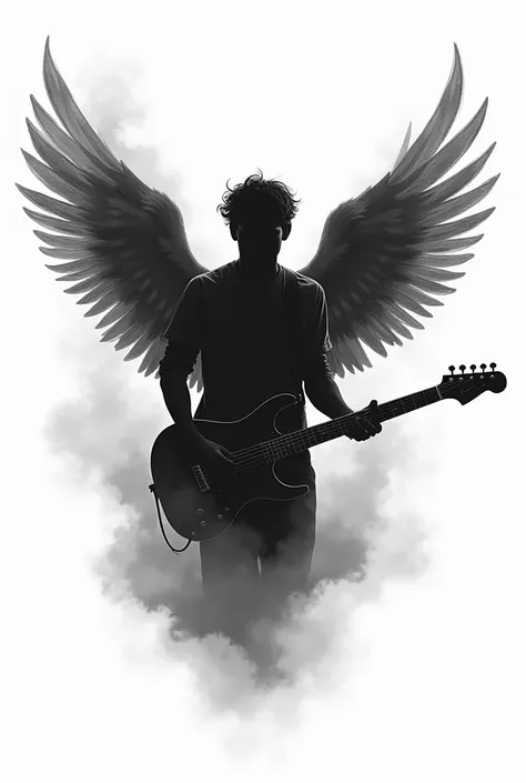 Tattoo template Silhouette angel guitarist man short hair on clouds
In black and white