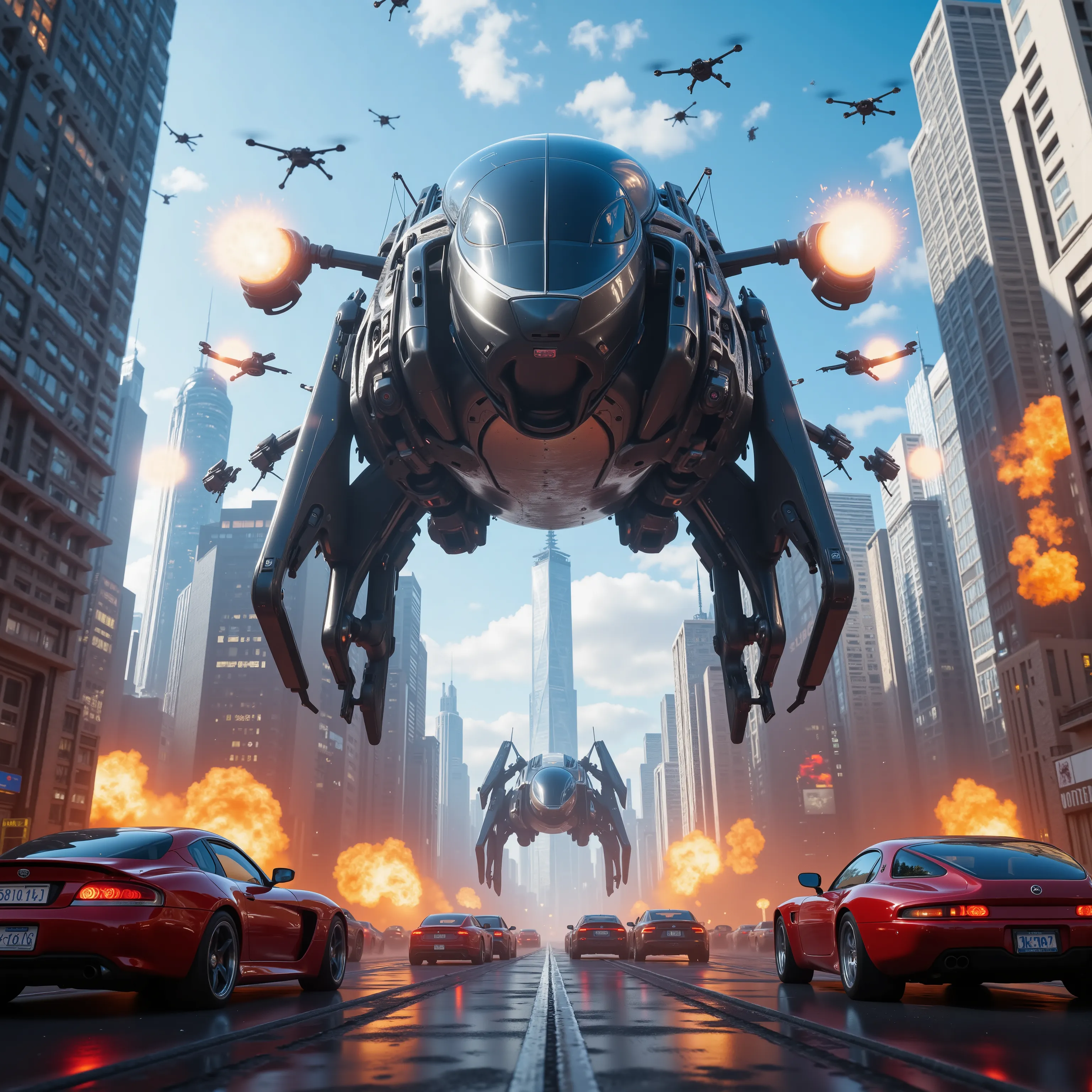 (best quality,4k,8k,highres,masterpiece:1.2), ultra-detailed. A hover car 10 stories high above a busy street in a major city in the future opens fire on another car that is parallel with it.  The image shows a glossy black car has explosive fire coming ou...