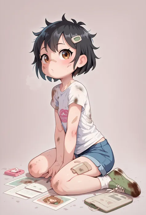  1girl, Loli, petite, black hair, brown eyes, short messy hair, full body, dirty clothing with rips, toddler 