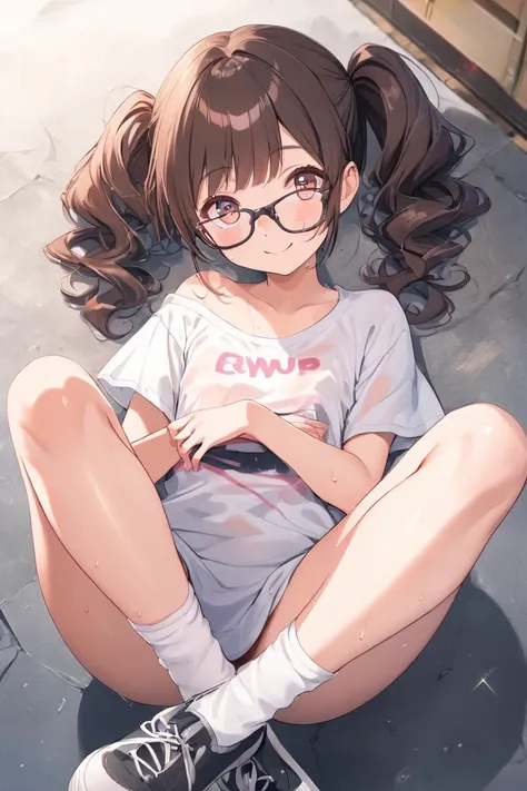 one WOMEN，brown hair,Wavy Curly Hairstyle , TWINtailS Hairstyle ， Wearing Glasses ， wearing an ultra-low T-shirt ，Bending body ，Glasses slip slightly next to the nose，Smile up, bright smile，Hot sweaty body ,Visible skin in wet clothes,fabric wind pulling a...